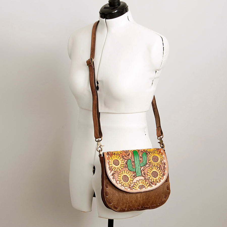 American Darling Hair-On Cowhide Floral Carved Hand Tooled Messenger Bag Eco-Friendly Genuine Leather YKK Zipper