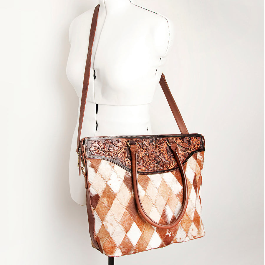 American Darling Tote Bag Hand Tooled Floral Carved Hair-On Cowhide Genuine Vegetable Tanned Leather 14in X 14in X 6in