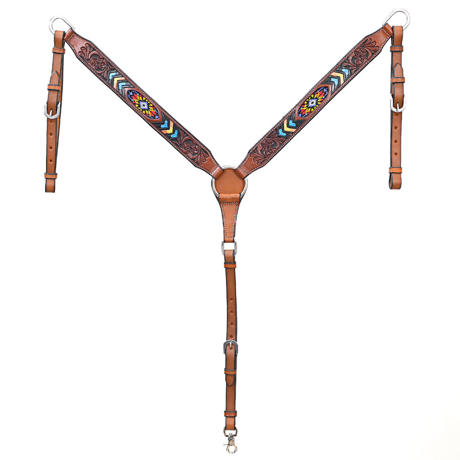 BAR H EQUINE Genuine Horse Western Leather Breast Collar Beaded Inlay Brown - Uhorse