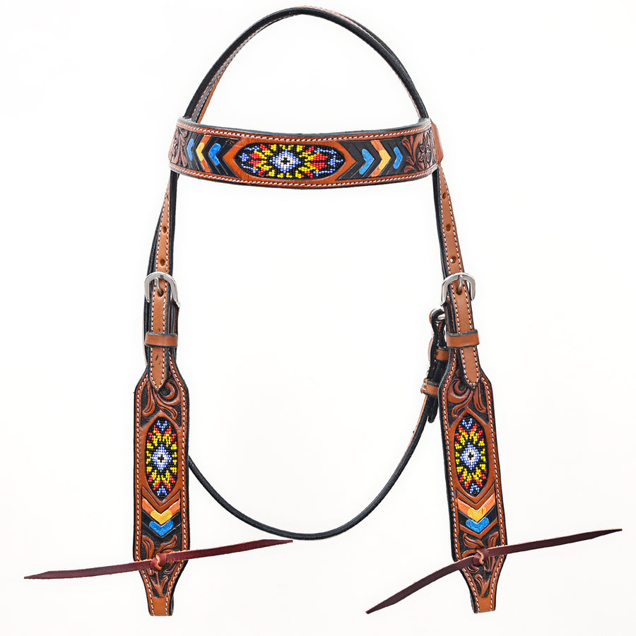 Bar H Equine Western Horse Genuine Leather Floral Design Beaded Headstall Brown