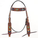 Bar H Equine Western Horse Genuine Leather Floral Design Beaded Headstall Brown
