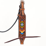 Bar H Equine Western Horse Genuine Leather Floral Design Beaded Headstall Brown
