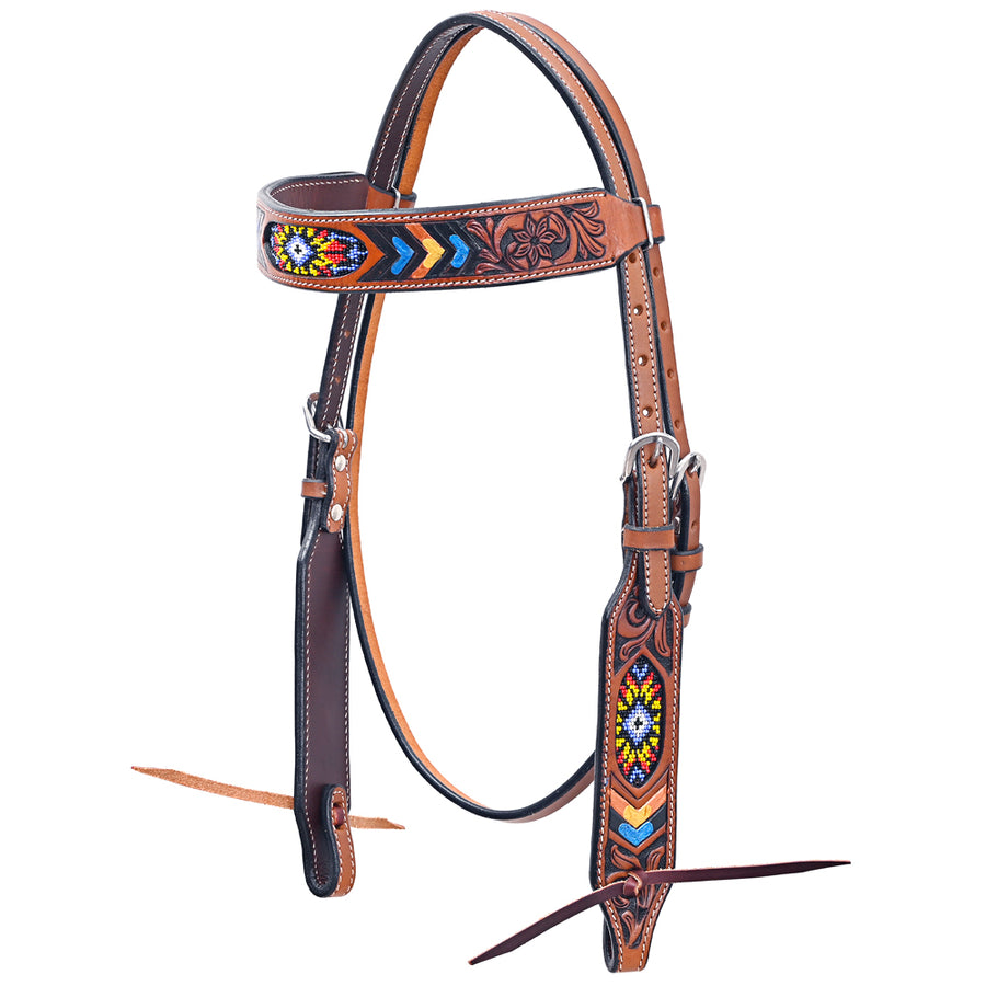 Bar H Equine Western Horse Genuine Leather Floral Design Beaded Headstall Brown - Uhorse