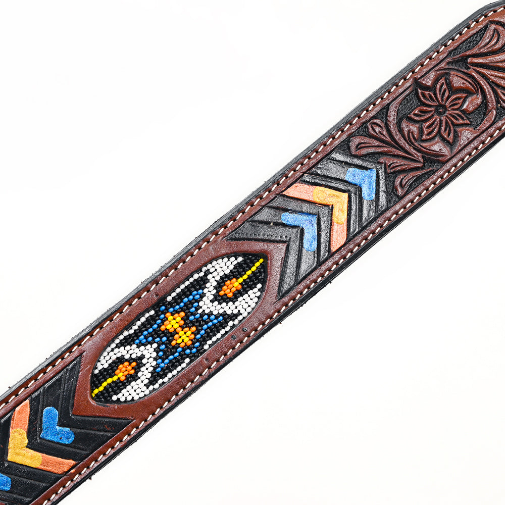 BAR H EQUINE Genuine Horse Western Hand Tooled Leather Breast Collar Beaded Inlay Brown