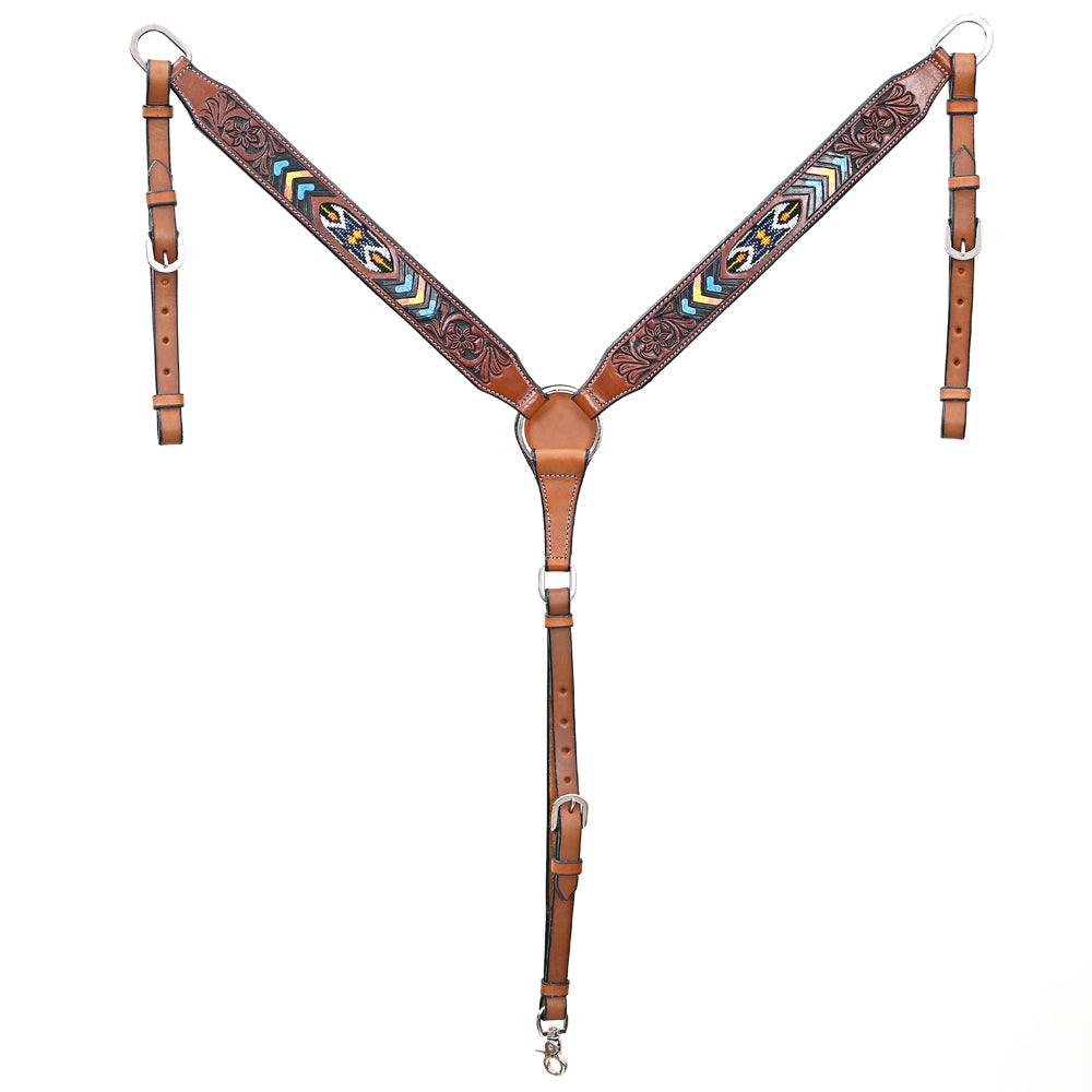 BAR H EQUINE Genuine Horse Western Hand Tooled Leather Breast Collar Beaded Inlay Brown