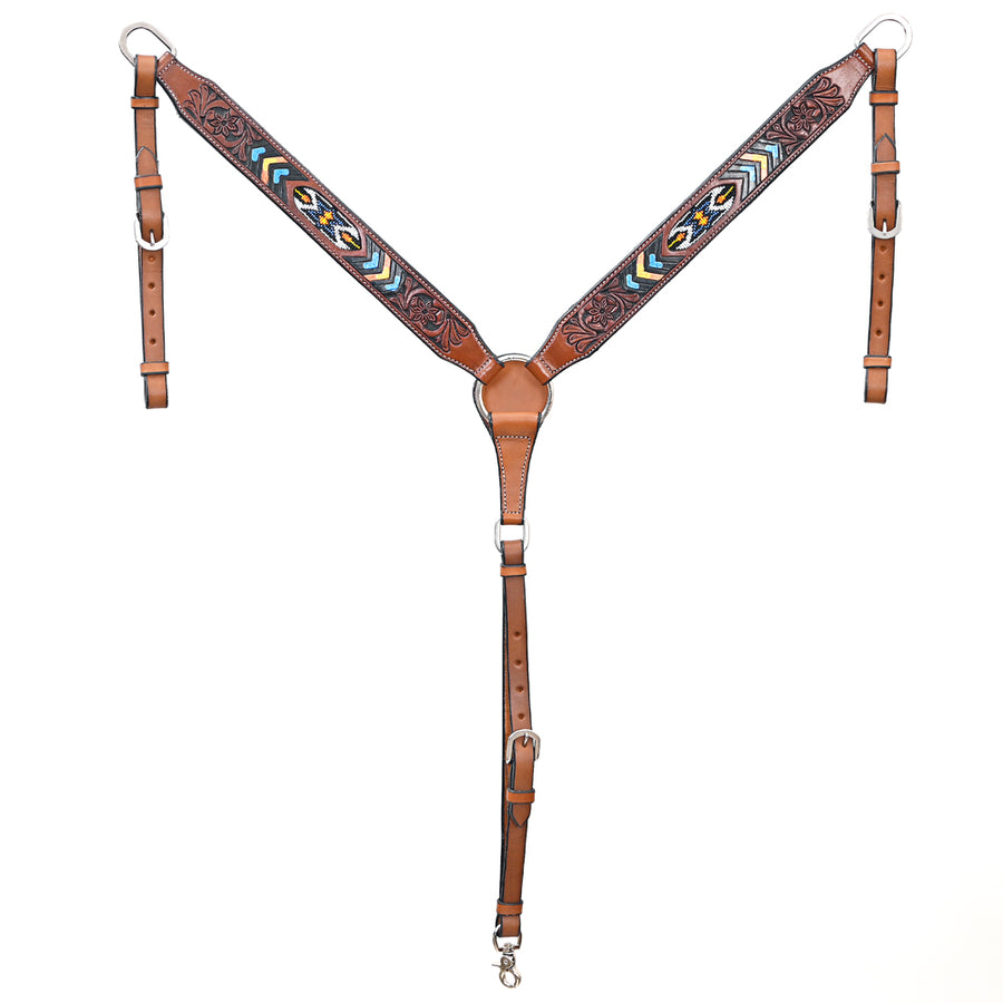 BAR H EQUINE Genuine Horse Western Hand Tooled Leather Breast Collar Beaded Inlay Brown - Uhorse