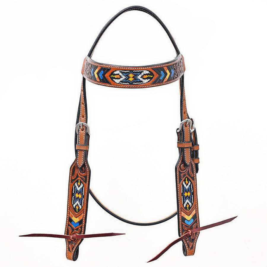 Bar H Equine Western Horse Genuine Leather Floral Design Beaded Headstall Brown
