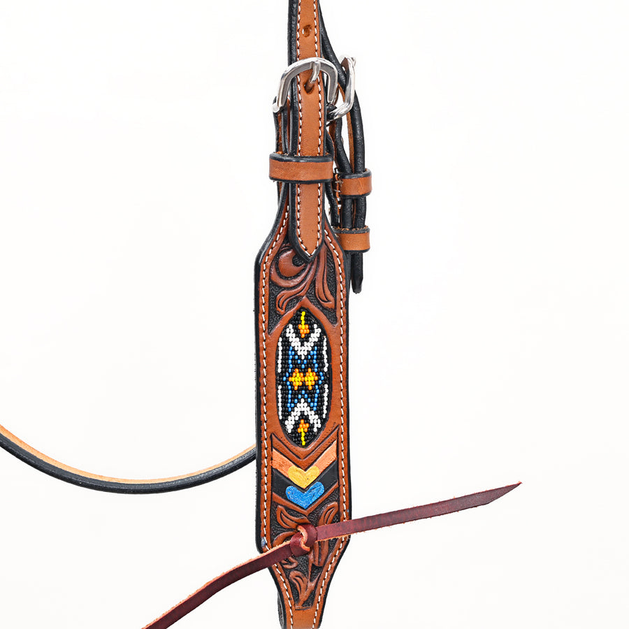 Bar H Equine Western Horse Genuine Leather Floral Design Beaded Headstall Brown