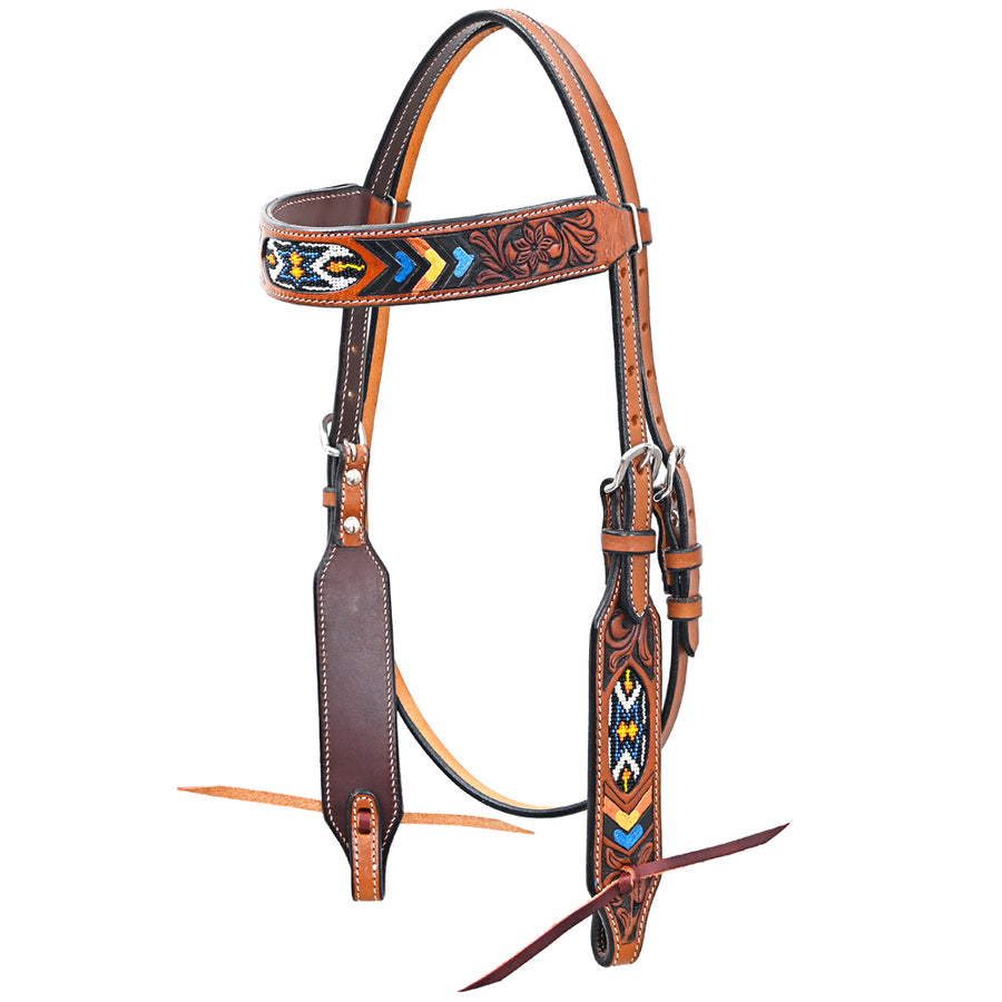 Bar H Equine Western Horse Genuine Leather Floral Design Beaded Headstall Brown - Uhorse