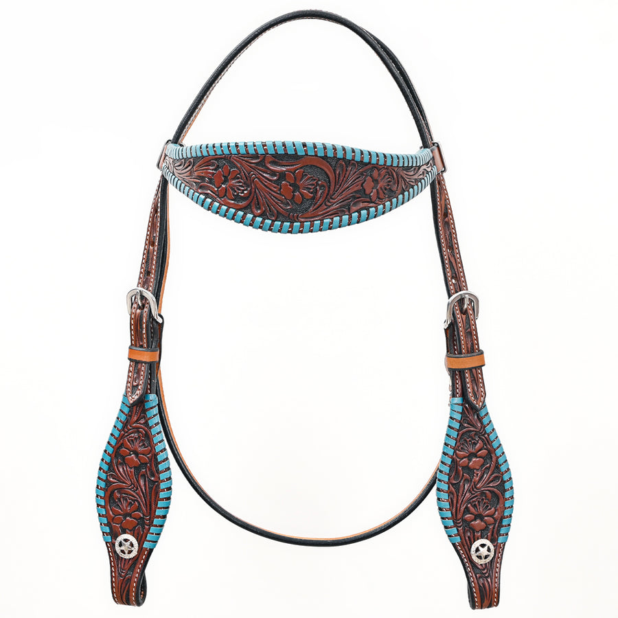 Bar H Equine Western Horse Genuine Leather Floral Design Buckstitch Headstall Brown