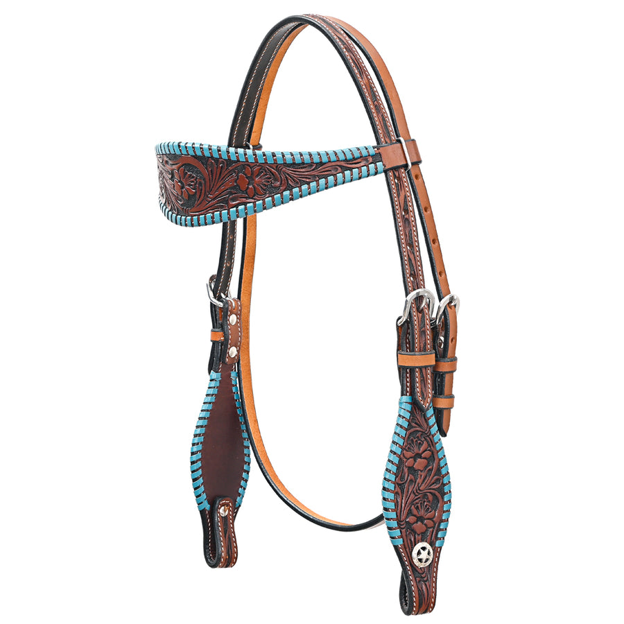 Bar H Equine Western Horse Genuine Leather Floral Design Buckstitch Headstall Brown - Uhorse