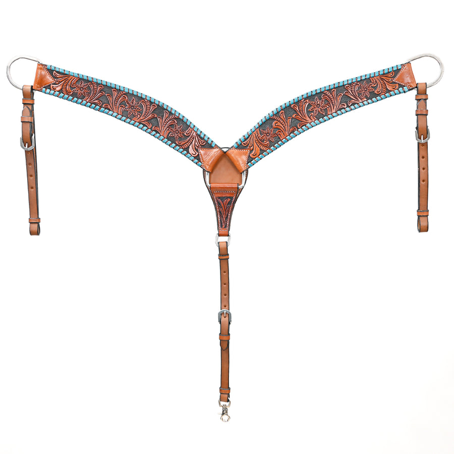BAR H EQUINE Genuine Horse Hand Tooled Buck stitched Leather Curved Breast Collar Brown - Uhorse