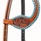 Bar H Equine Western Horse Genuine Leather Floral Design Buckstitch One Ear Headstall Brown