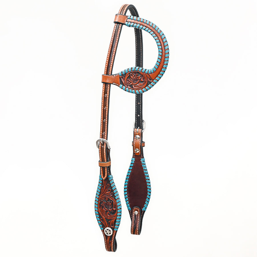 Bar H Equine Western Horse Genuine Leather Floral Design Buckstitch One Ear Headstall Brown - Uhorse