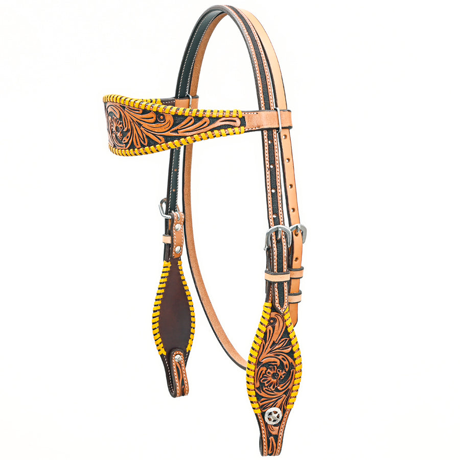 Bar H EquineWestern Horse Genuine Leather Floral Design BuckStitch Headstall Tan - Uhorse
