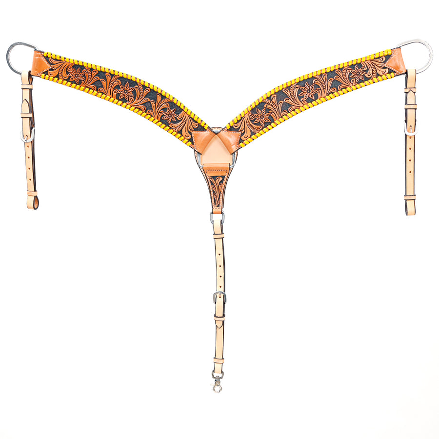 BAR H EQUINE Genuine Horse Hand Tooled Buck stitched Leather Curved Breast Collar Tan - Uhorse