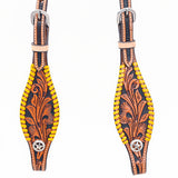 Bar H Equine Western Horse Genuine Leather Floral Design Buckstitch One Ear Headstall Tan