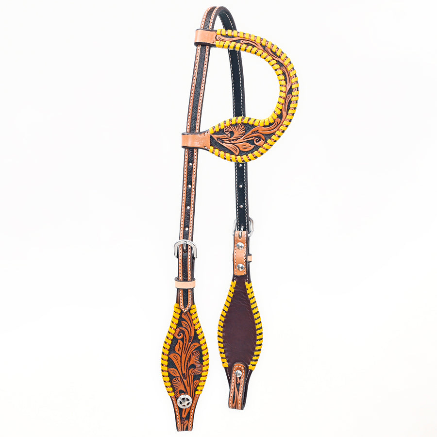 Bar H Equine Western Horse Genuine Leather Floral Design Buckstitch One Ear Headstall Tan - Uhorse