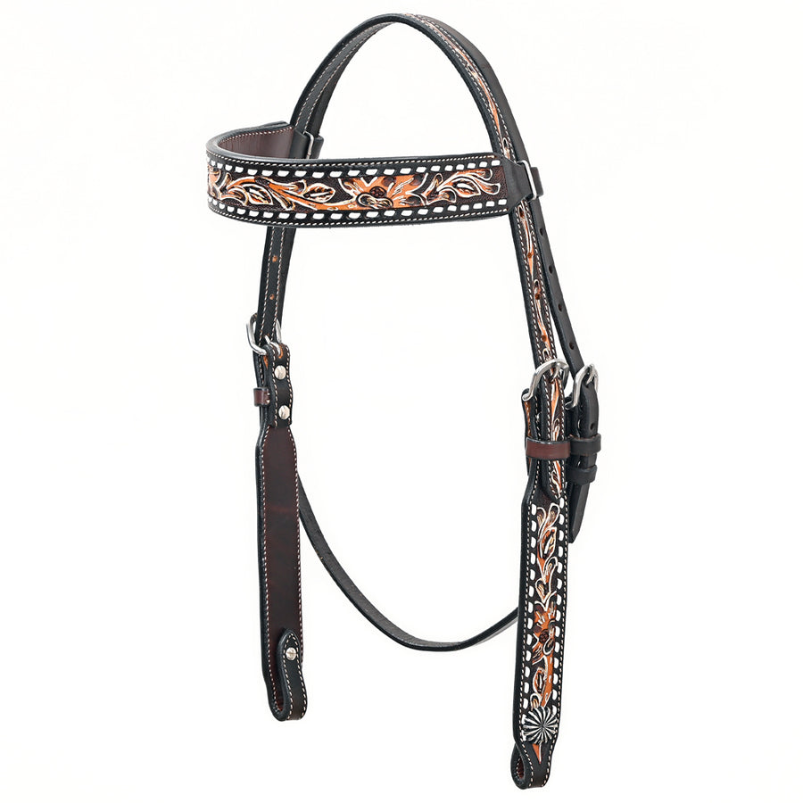 Bar H EquineWestern Horse Genuine Leather Floral Design Headstall Dark Brown - Uhorse
