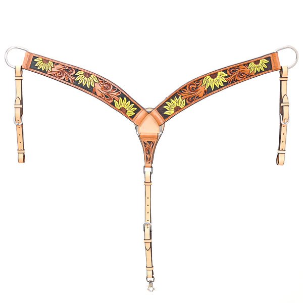 BAR H EQUINE Genuine Horse Hand Tooled Painted Sunflower Leather Breast Collar Tan - Uhorse