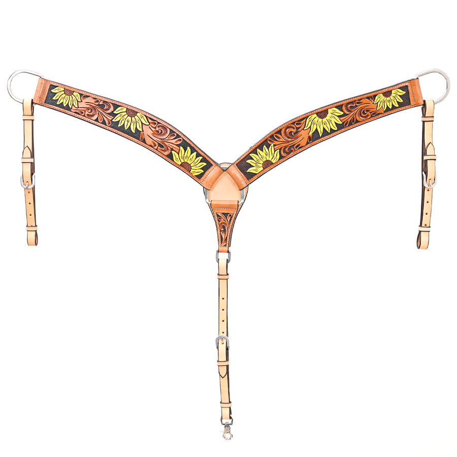 BAR H EQUINE Genuine Horse Hand Tooled Painted Sunflower Leather Breast Collar Tan - Uhorse