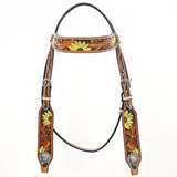 Bar H Equine Western Horse Genuine Leather Floral Design  Headstall Tan