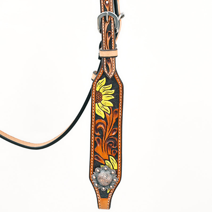 Bar H Equine Western Horse Genuine Leather Floral Design Headstall Tan
