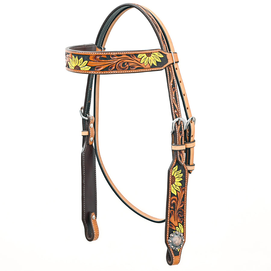 Bar H Equine Western Horse Genuine Leather Floral Design Headstall Tan - Uhorse