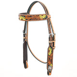 Bar H Equine Western Horse Genuine Leather Floral Design  Headstall Tan