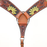 BAR H EQUINE Genuine Horse Hand Tooled Painted Sunflower Leather Breast Collar Brown