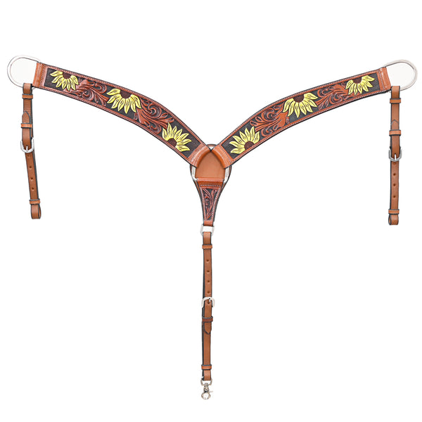 BAR H EQUINE Genuine Horse Hand Tooled Painted Sunflower Leather Breast Collar Brown - Uhorse