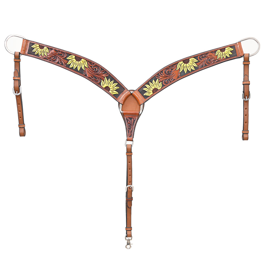 BAR H EQUINE Genuine Horse Hand Tooled Painted Sunflower Leather Breast Collar Brown - Uhorse