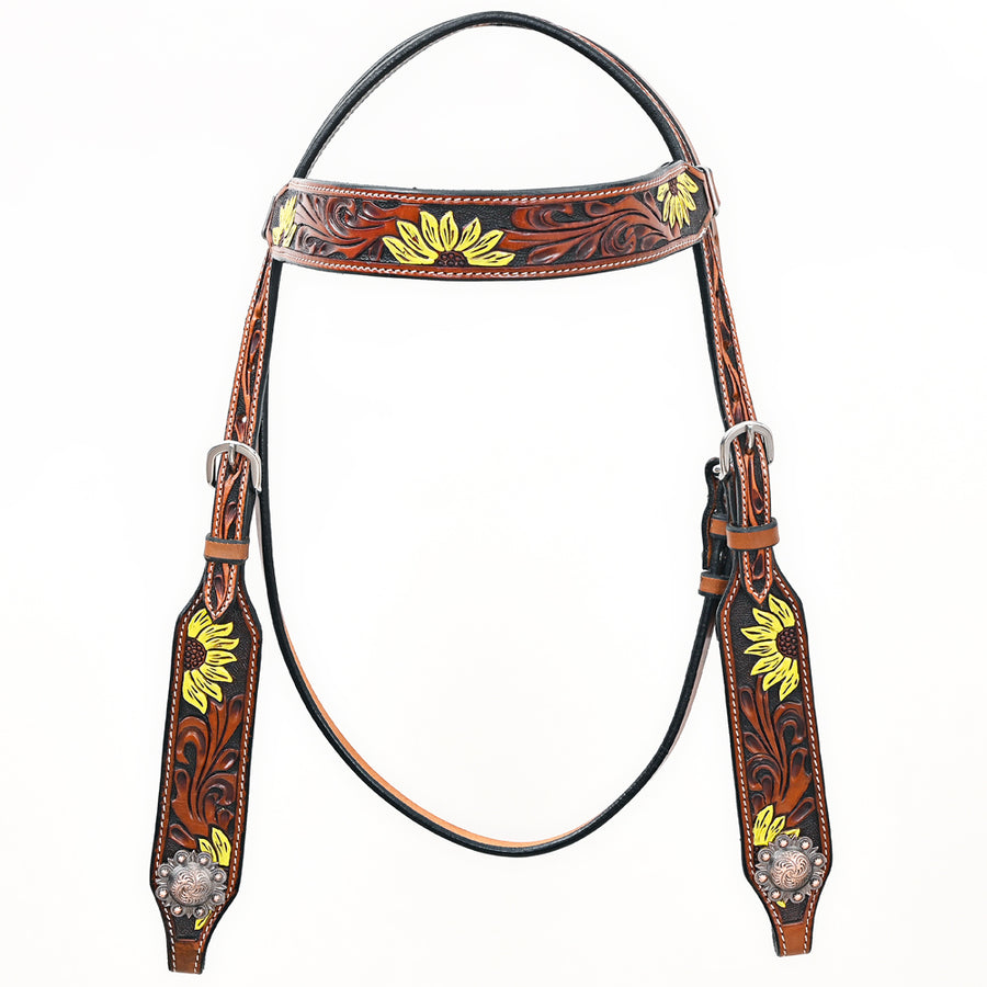 Bar H Equine Western Horse Genuine Leather Floral Design Headstall Tan