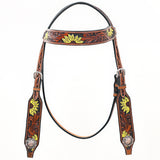 Bar H Equine Western Horse Genuine Leather Floral Design  Headstall Tan