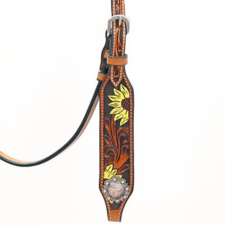 Bar H Equine Western Horse Genuine Leather Floral Design Headstall Tan