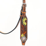 Bar H Equine Western Horse Genuine Leather Floral Design  Headstall Tan