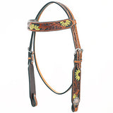 Bar H Equine Western Horse Genuine Leather Floral Design  Headstall Tan