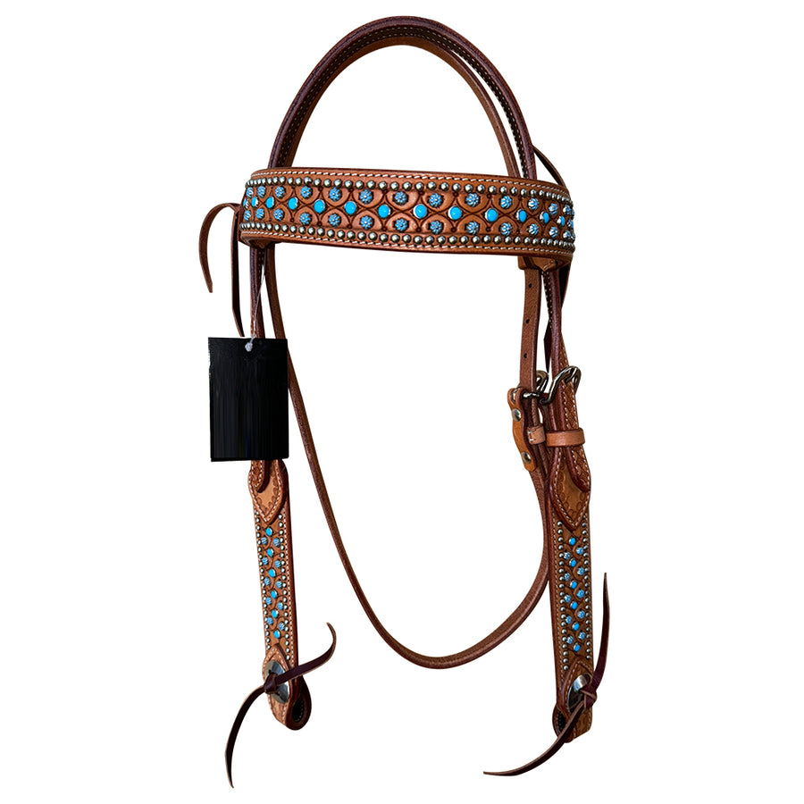 Brown leather headstall with turquoise stone conchos - Uhorse