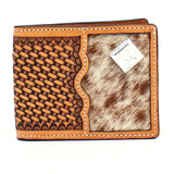 3D Western Mens Wallet Bifold Leather Calf Hair Inlay Concho Tan