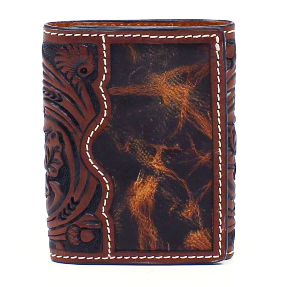 3D Western Mens Wallet Trifold Leather Tooled Floral Brown