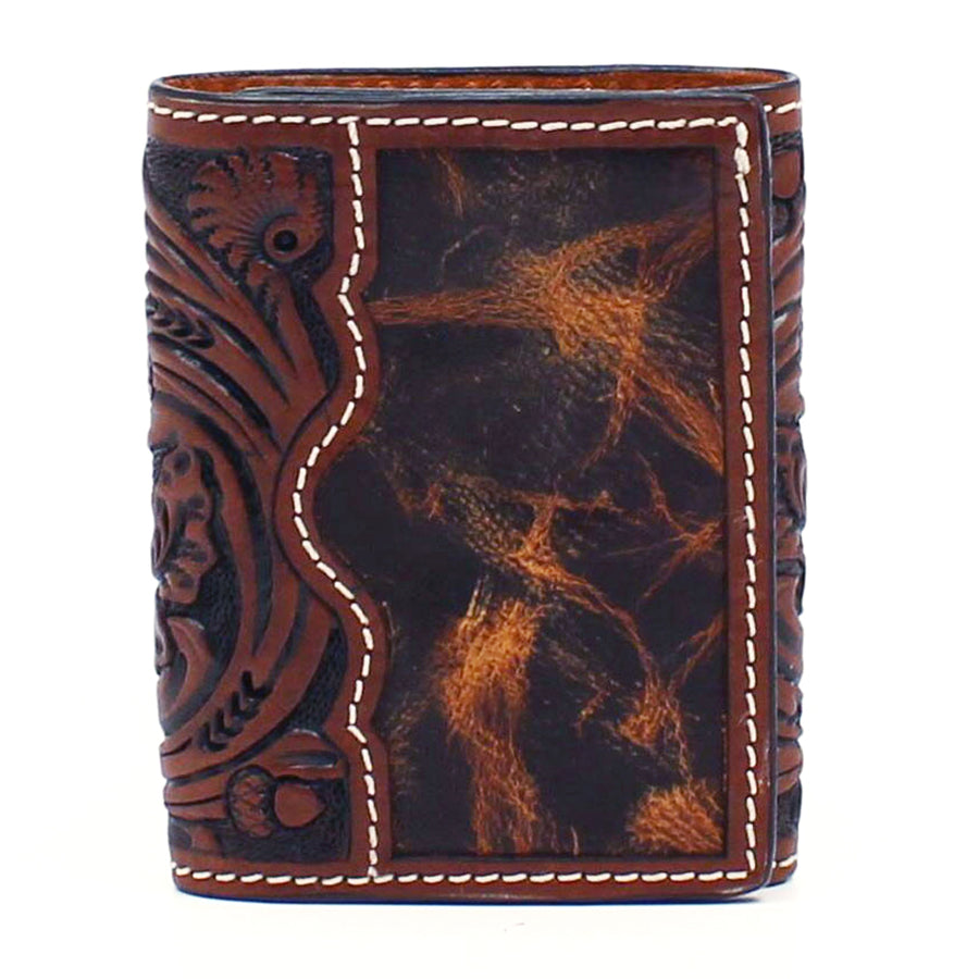 3D Western men's Wallet Trifold Leather Tooled Floral Brown - Uhorse