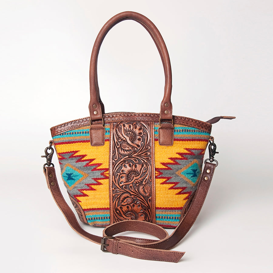 American Darling Tote Bag for Women, Hand Tooled Floral Leather & Woven Saddle Blanket Western Bag with YKK Zipper