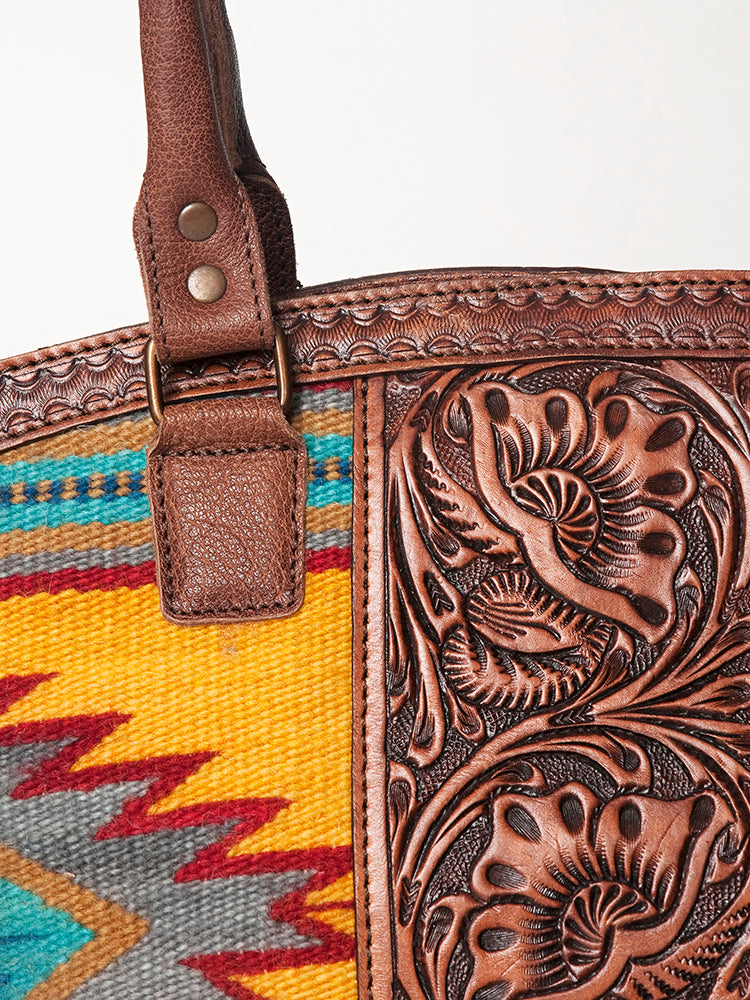 American Darling Tote Bag for Women, Hand Tooled Floral Leather & Woven Saddle Blanket Western Bag with YKK Zipper