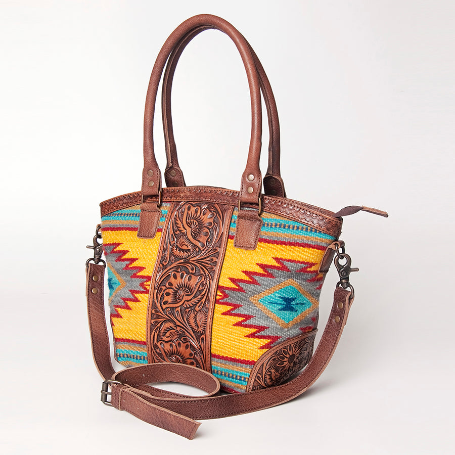 American Darling Western Leather Tote Bag - Hand Tooled Floral and Saddle Blanket - Uhorse
