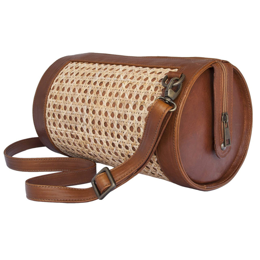 Brown leather and woven straw barrel bag with shoulder strap - Hilason
