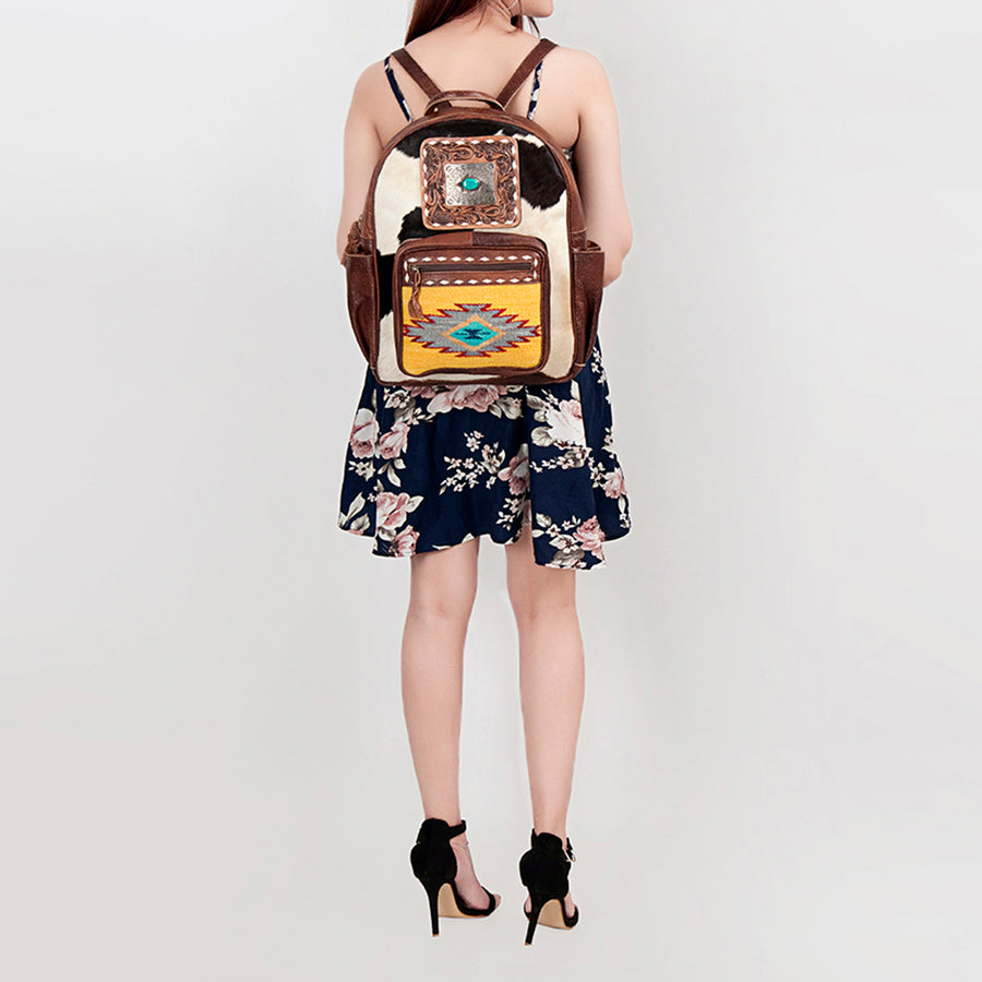 American Darling Backpack for Women, Hand Tooled Floral Leather & Hair-On Cowhide Western Bag, Woven Saddle Blanket & YKK Zipper