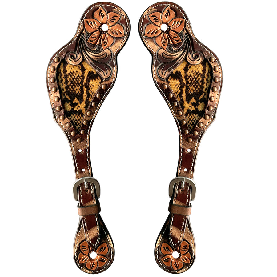 Leather spur straps with tooled floral design and inlay - Uhorse