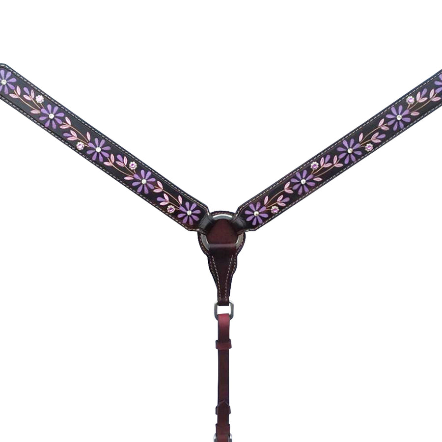 Purple floral tooled leather breast collar - Uhorse