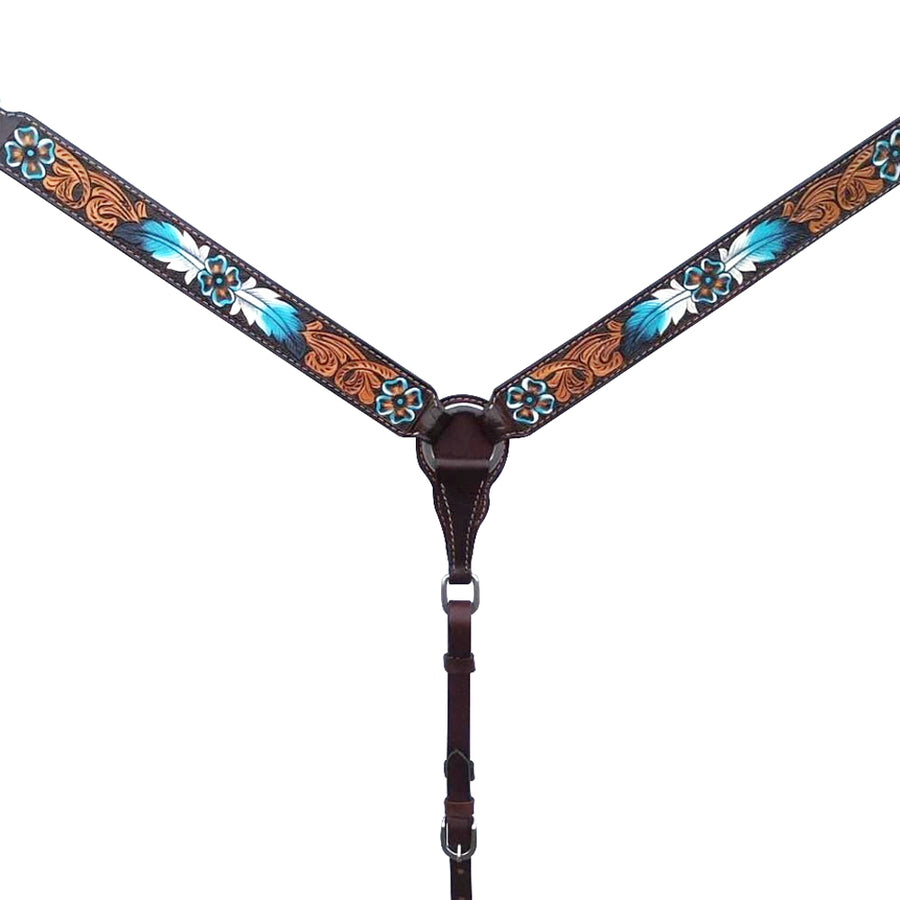 Leather breast collar with turquoise and tooled brown design - Uhorse