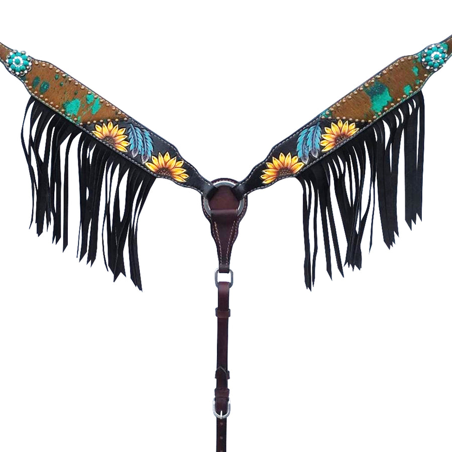 Leather breast collar with fringe and floral tooling - Uhorse